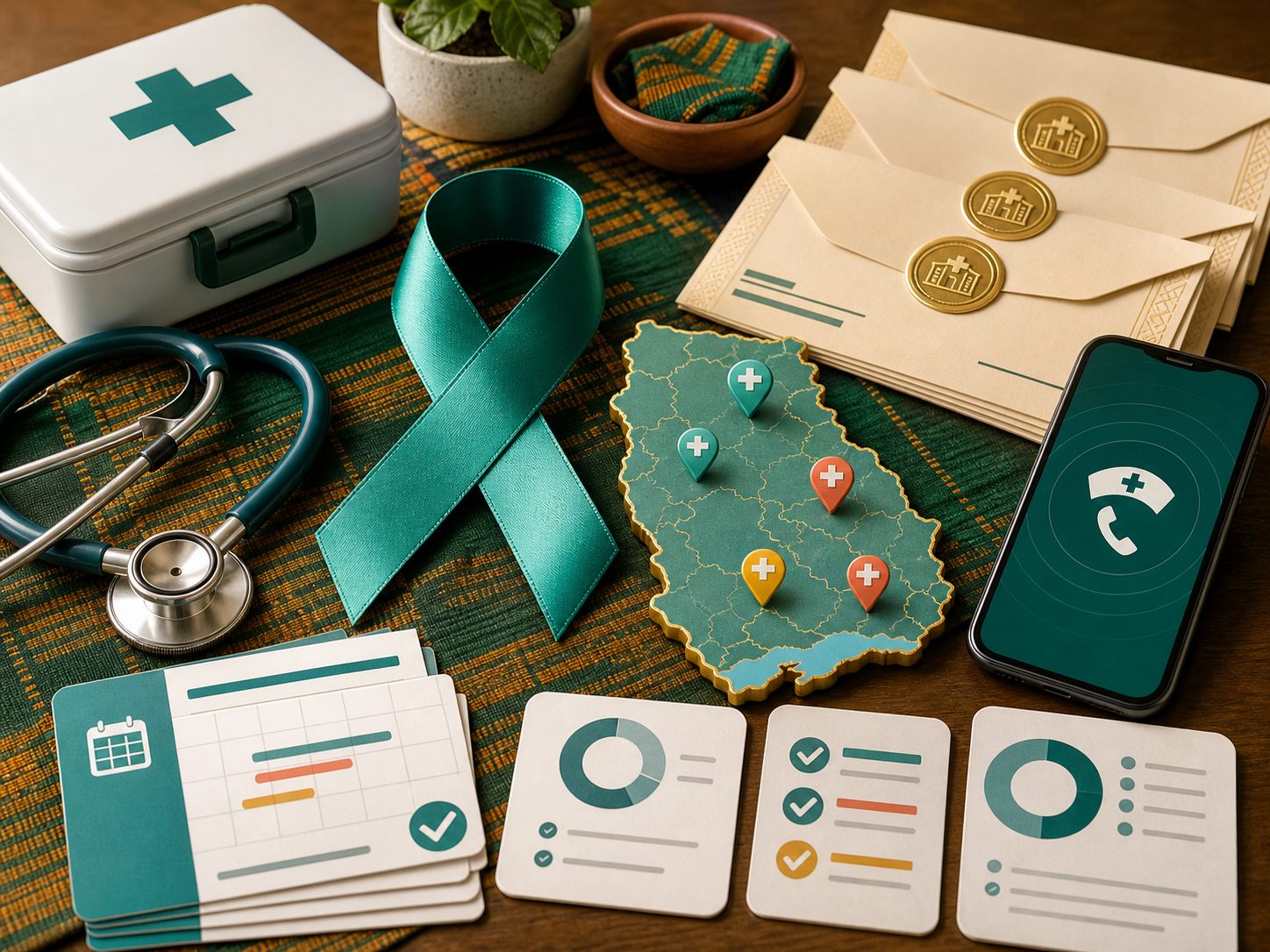 Cervical cancer screening and health access illustration with medical tools, Ghana map and care pathways